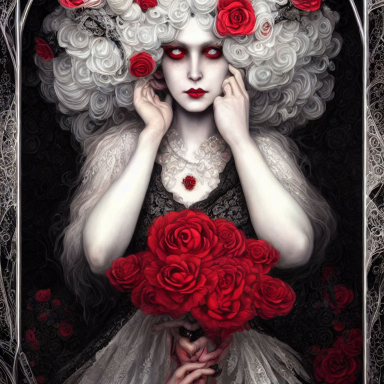 Pale Woman with Red Eyes Holding Roses and Bouquet in Gothic Fantasy Portrait