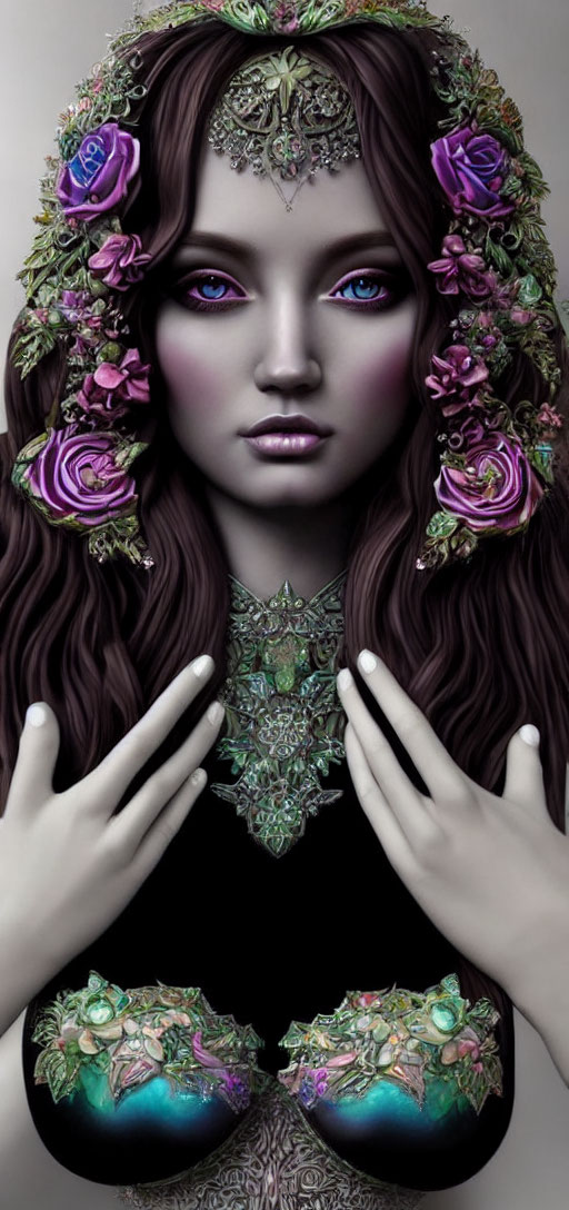 Digital artwork: Woman with violet eyes, floral headdress, intricate jewelry, mystical aura