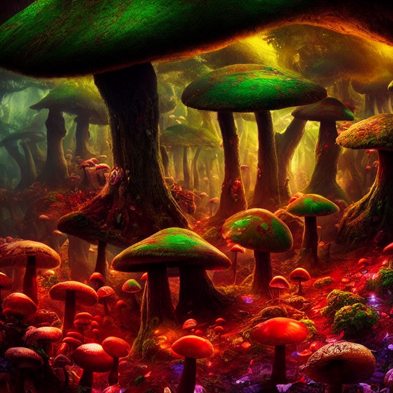 Colorful Oversized Mushrooms in Vibrant Fantasy Forest