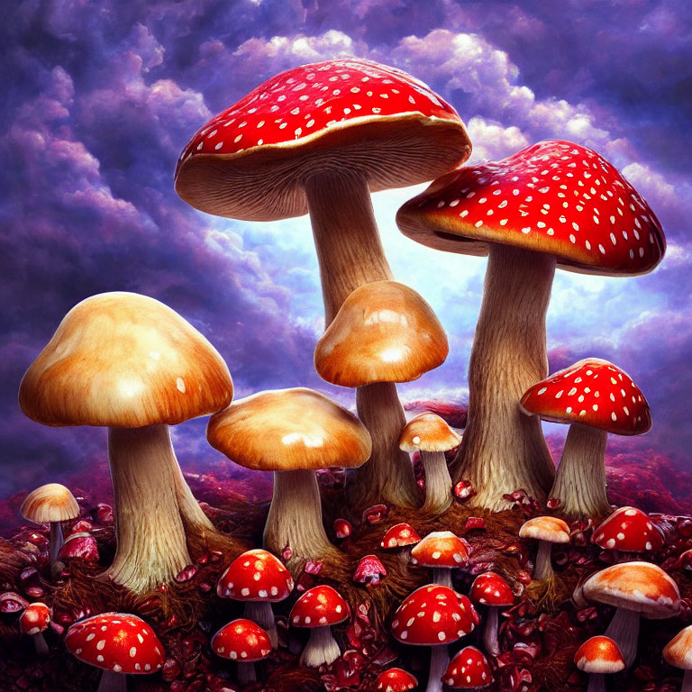 Colorful Fantasy Illustration: Whimsical Mushrooms under Purple Sky