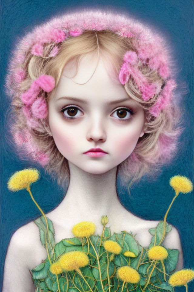 Digital portrait of girl with large eyes, rosy cheeks, pink & yellow flowers on blue background