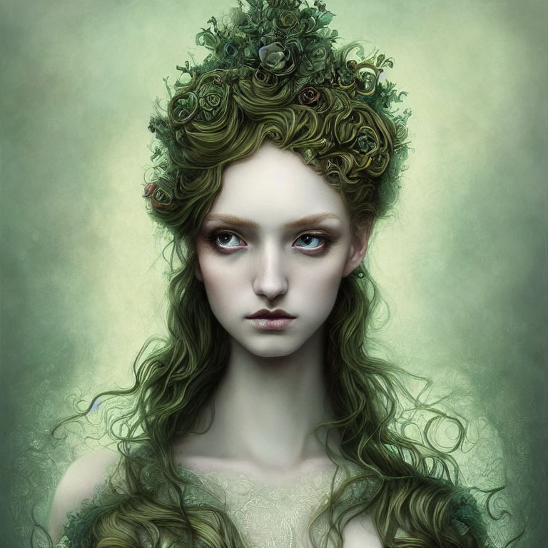 Digital portrait of serene woman with green skin, wavy hair, and floral crown