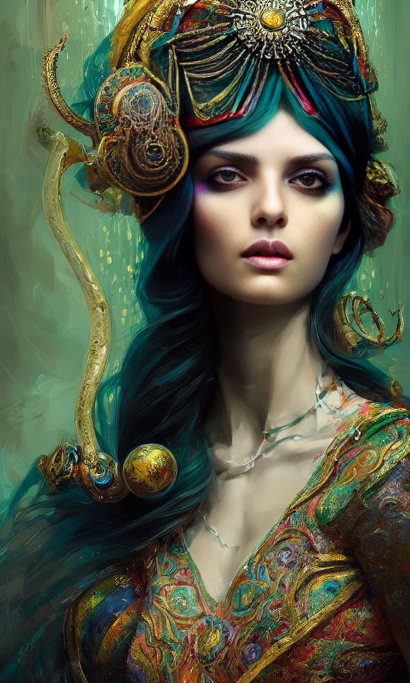 Digital painting of woman with vibrant blue hair & golden headdress with peacock feathers & gems