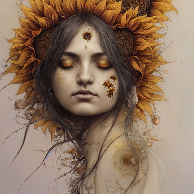 Woman with closed eyes wearing sunflower crown and golden floral patterns exudes peaceful, nature-inspired vibe.