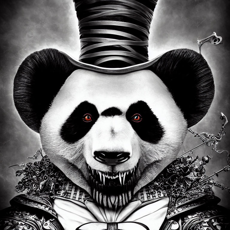 Surreal black and white illustration: Panda in Gothic attire