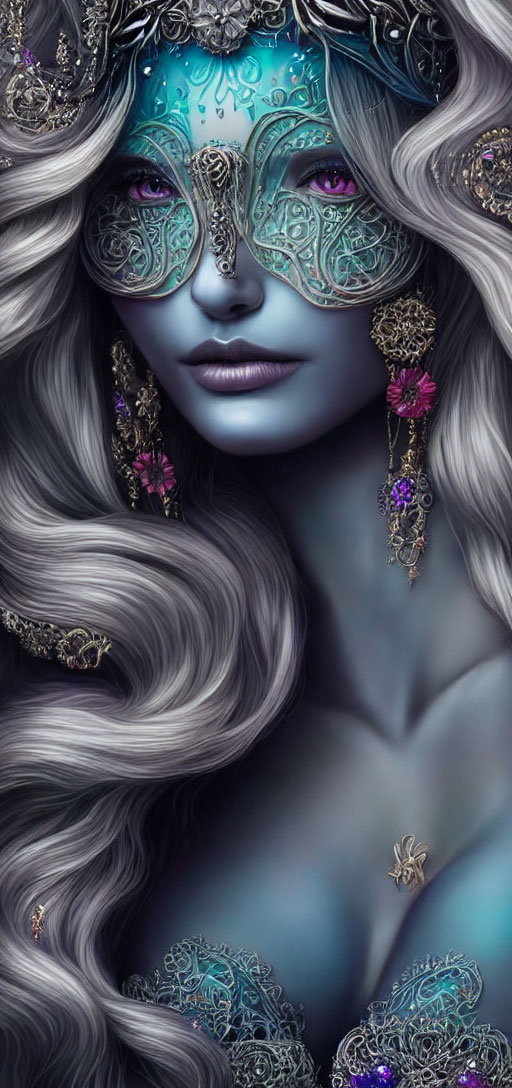 Fantasy illustration of woman with blue skin and silver mask