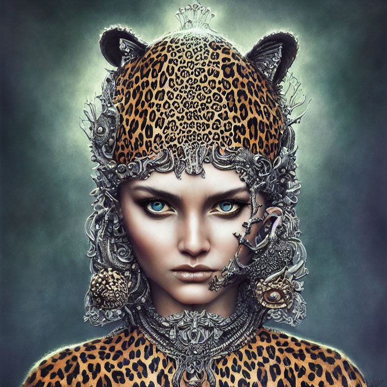 Digital Artwork: Woman with Leopard Print Skin and Silver Jewelry