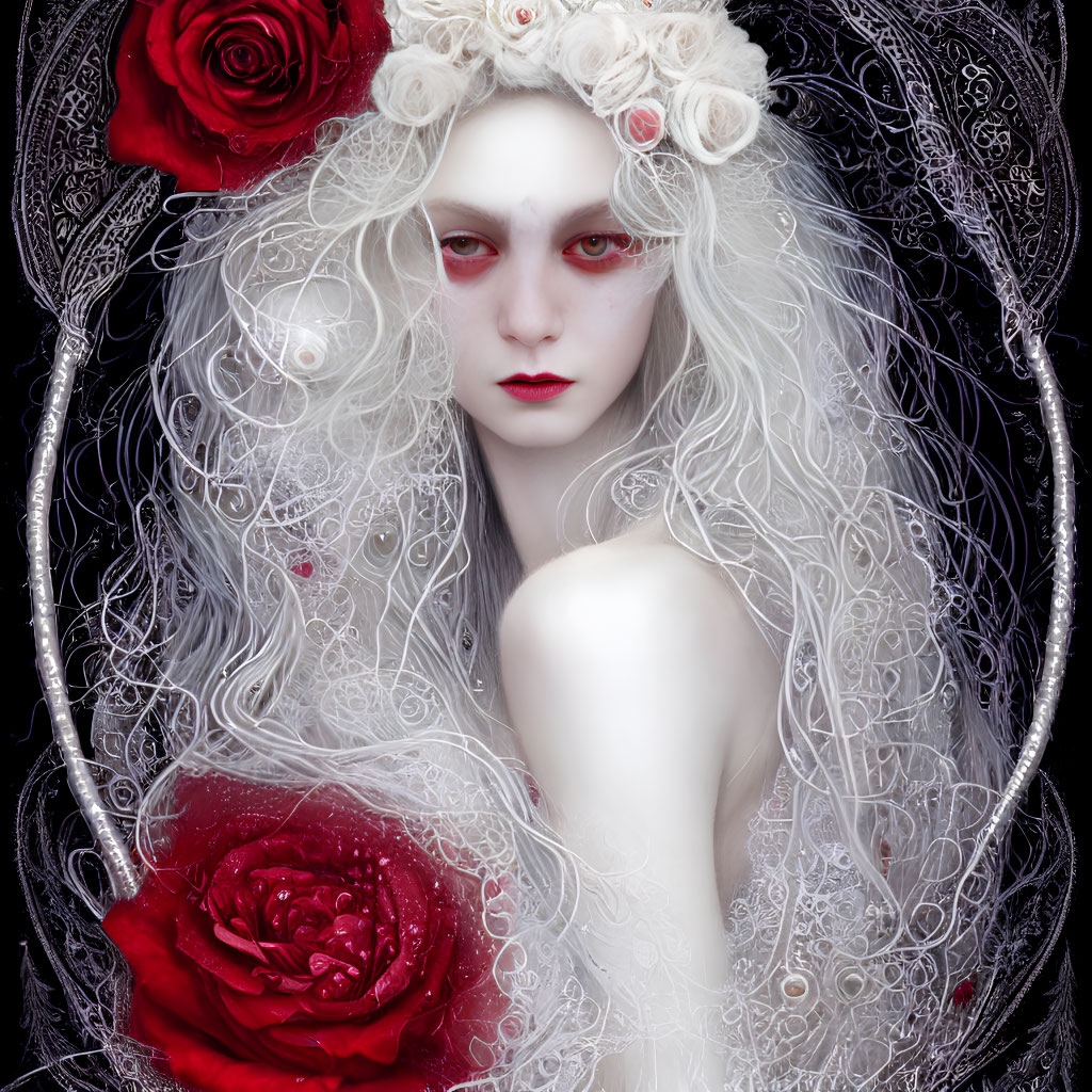 Pale figure with white hair and red roses, dark red eyes, surrounded by black lace patterns