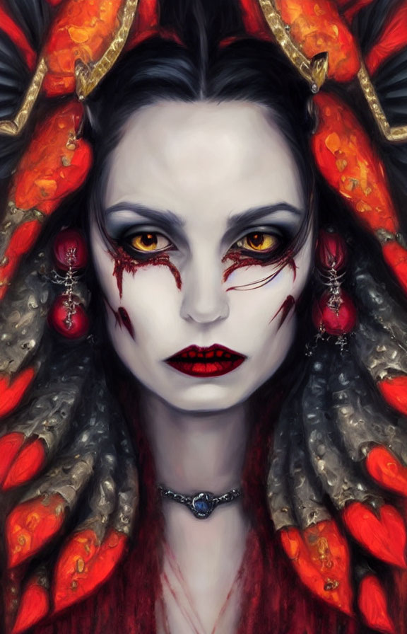 Dark Fantasy Female Portrait with Sharp Features and Horned Headpiece