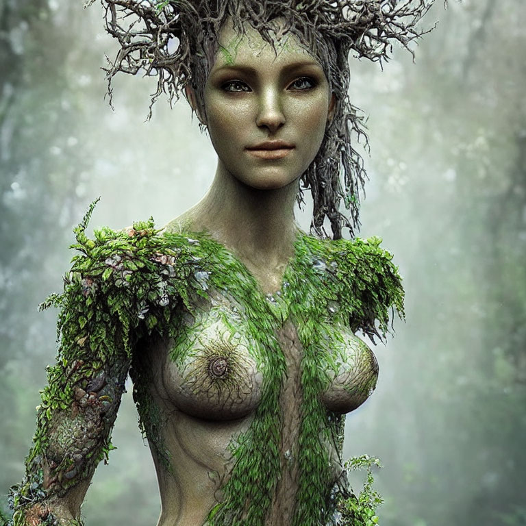 Mystical female figure with tree-branch antlers in forest setting