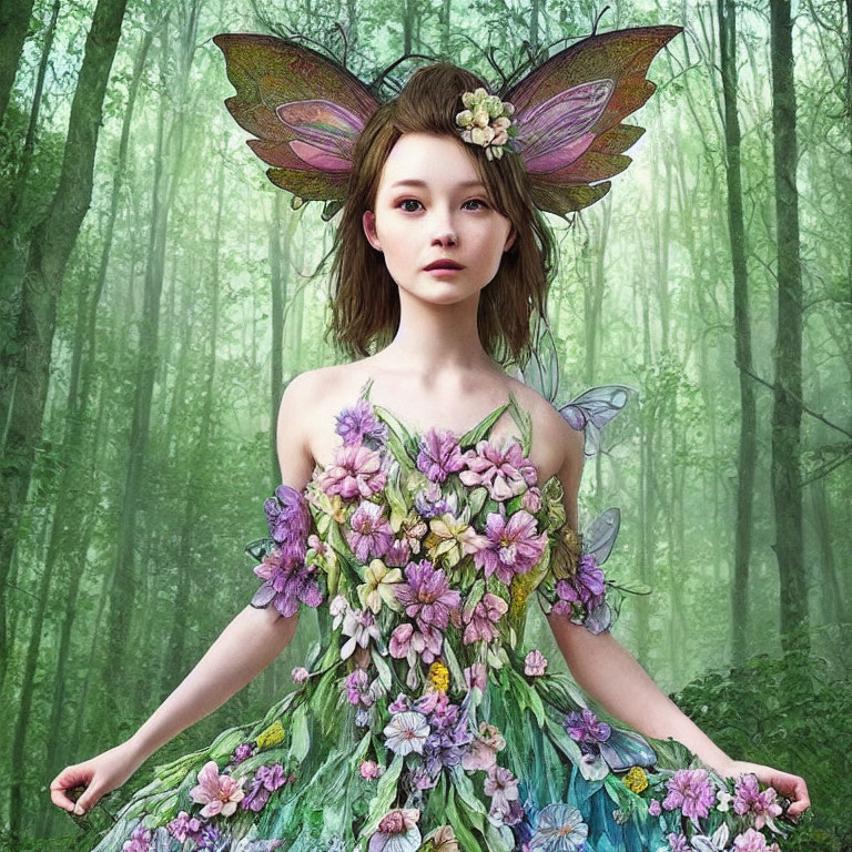 Colorful Fairy with Floral Dress in Forest Scene