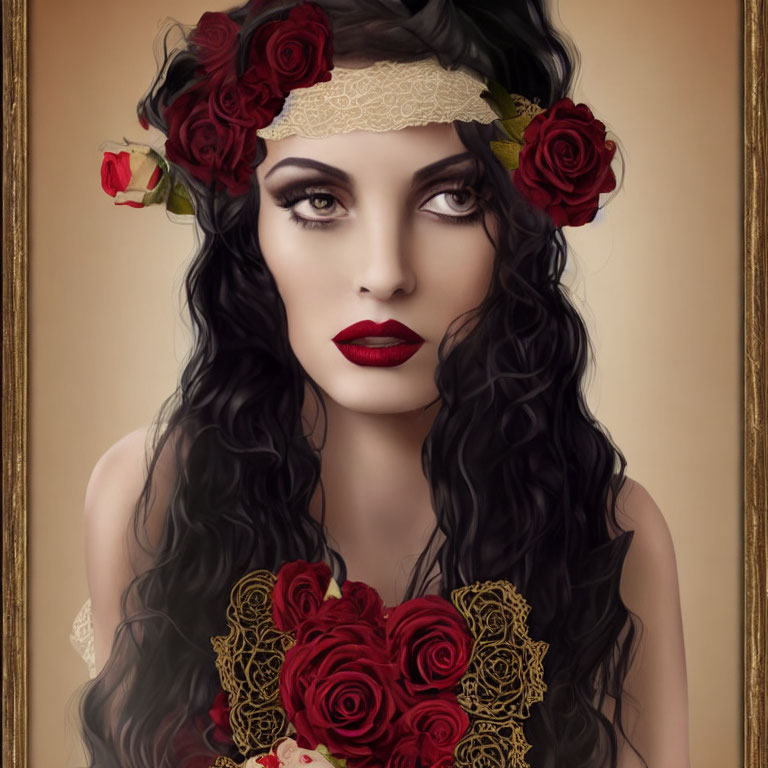 Portrait of Woman with Dark Curly Hair and Red Rose Headband