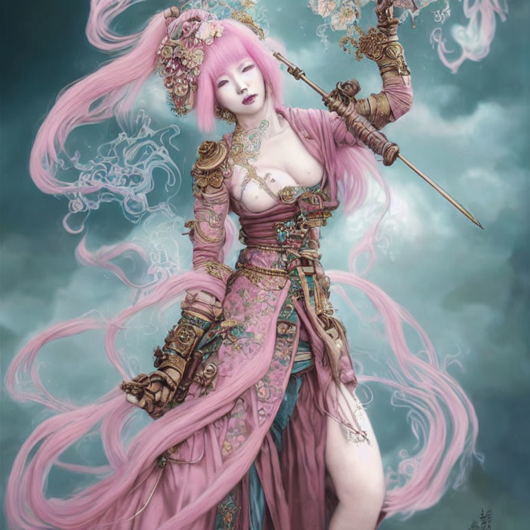 Fantasy illustration: Woman with long pink hair, intricate armor, staff, misty green backdrop