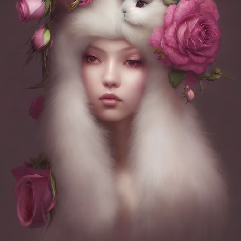 Portrait of person with pale skin, pink roses in hair, white fur collar, and rabbit on shoulder