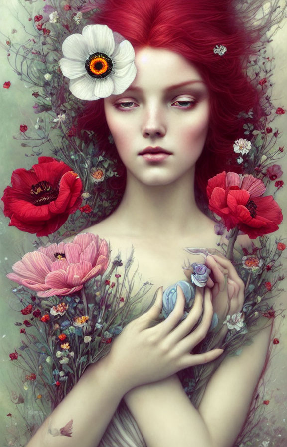 Colorful Surreal Portrait with Red-Haired Person, Flowers, and Bird