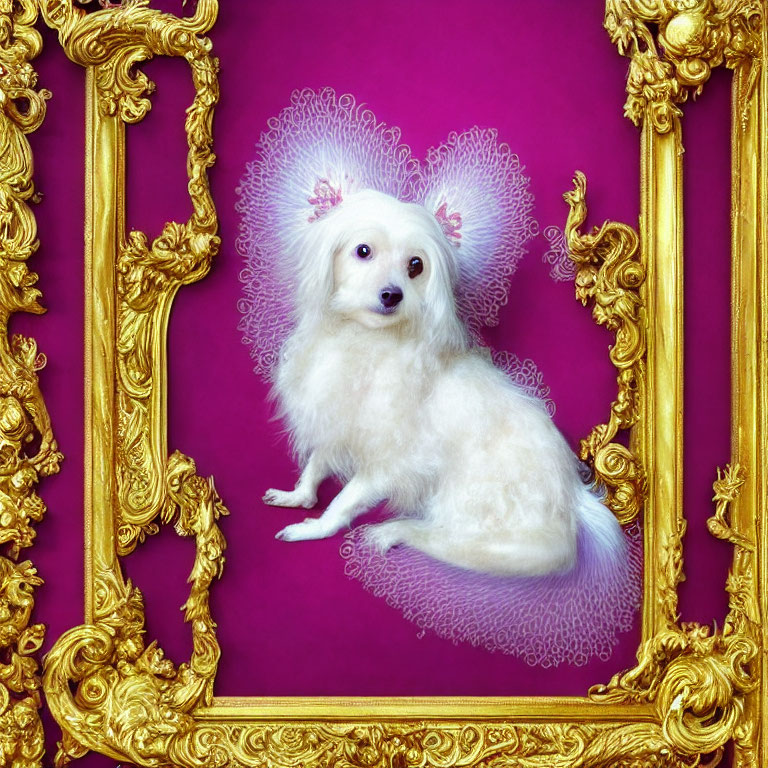 Fluffy white dog in regal pose framed in gold on pink background