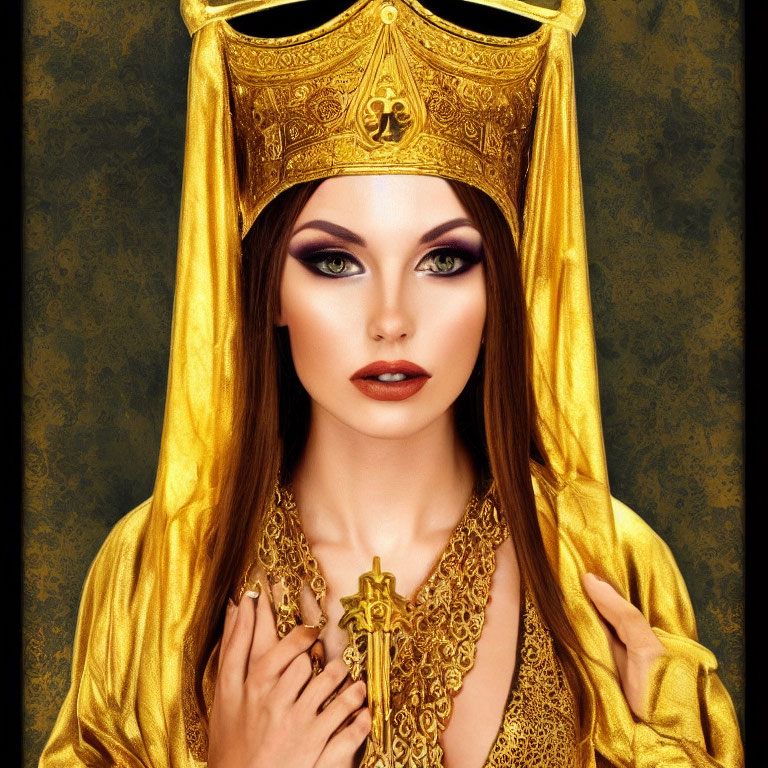 Woman with striking makeup wearing golden crown and robe holding cross necklace on textured backdrop