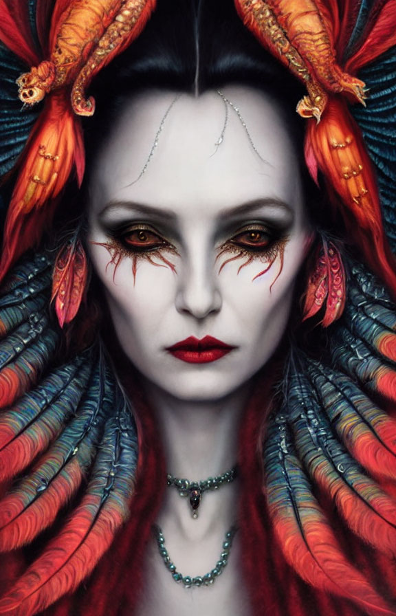 Stylized fantasy portrait of female figure with black hair and red eyes