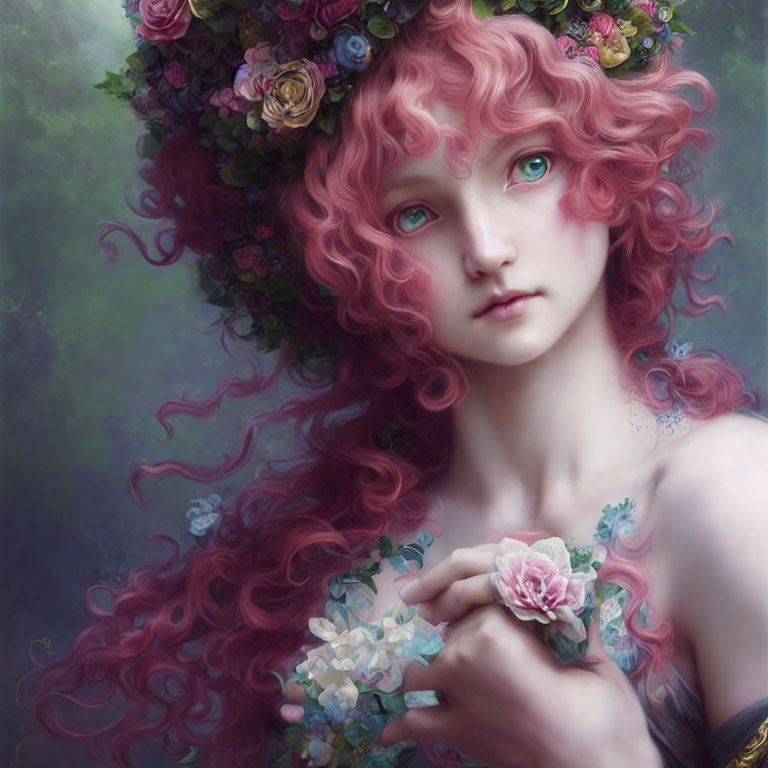 Ethereal figure with pink curls, emerald eyes, and floral crown in misty green backdrop