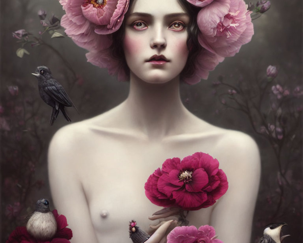 Surreal portrait of woman with pale skin among pink flowers and birds