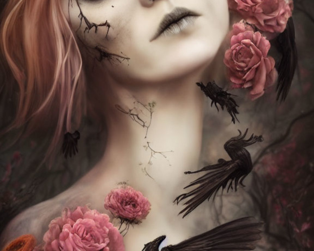 Ethereal figure with dark eyes among pink flowers and black birds