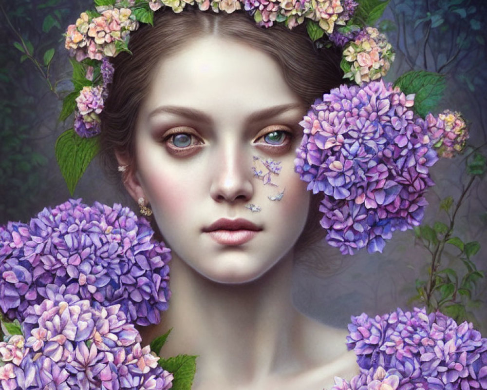 Portrait of woman with flower crown and butterfly in serene setting