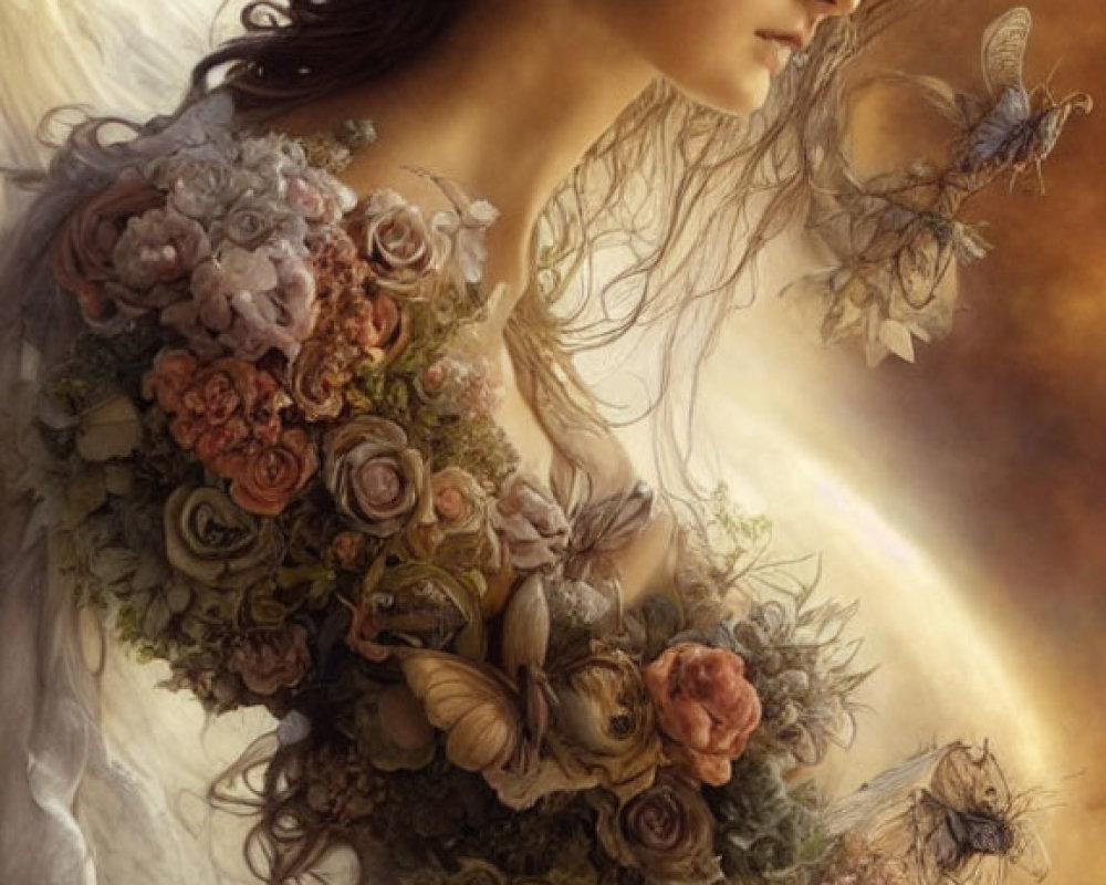 Woman portrait with floral wreath and butterflies, emitting serene aura