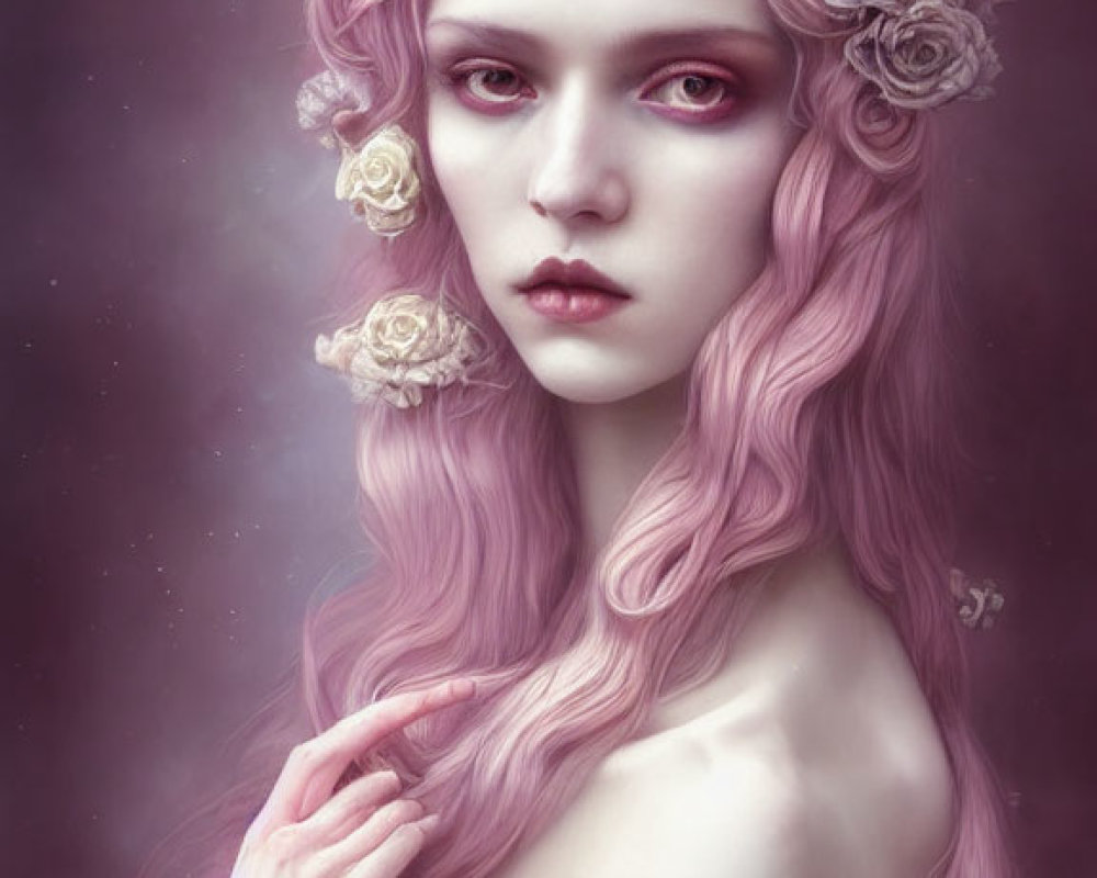 Portrait of female figure with pink hair, pale skin, red eyes, and rose hair accessories on purple