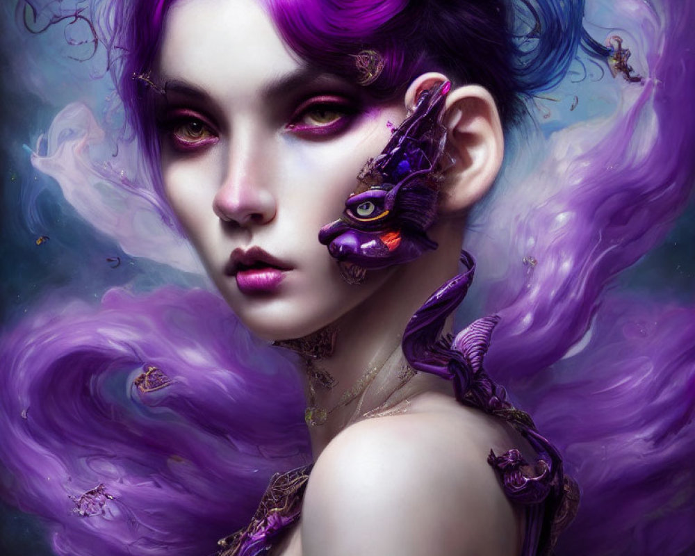 Fantasy portrait featuring person with violet hair, red eyes, butterfly motifs, ethereal purple wisps