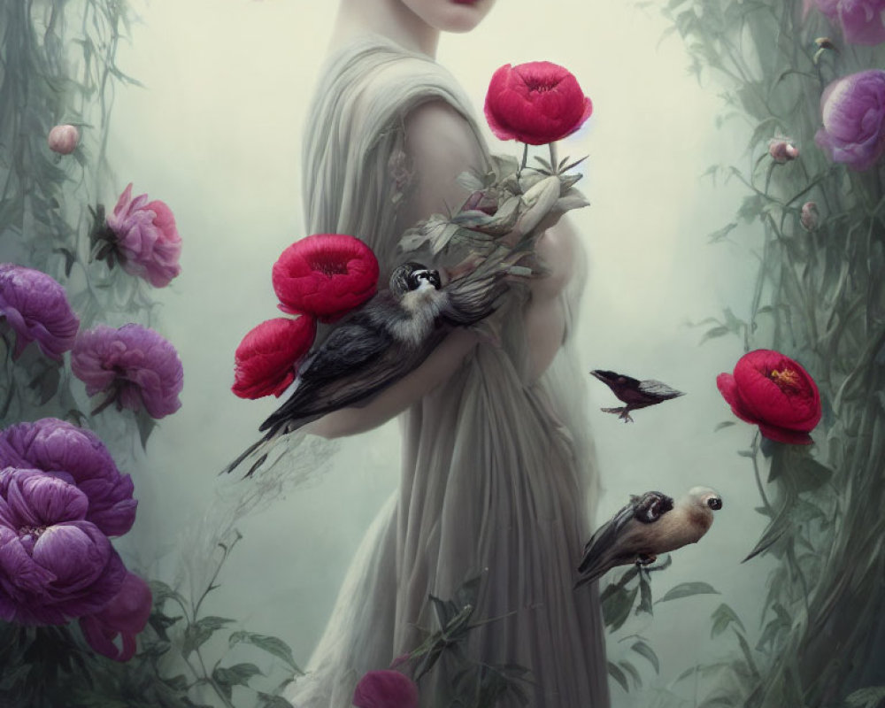 Woman in misty garden with large peonies and birds creating serene atmosphere