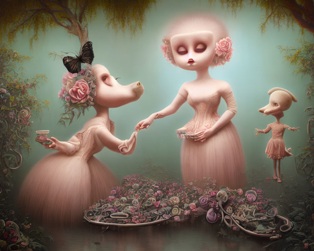 Surreal painting: Three figures with elongated necks in misty forest surrounded by roses,