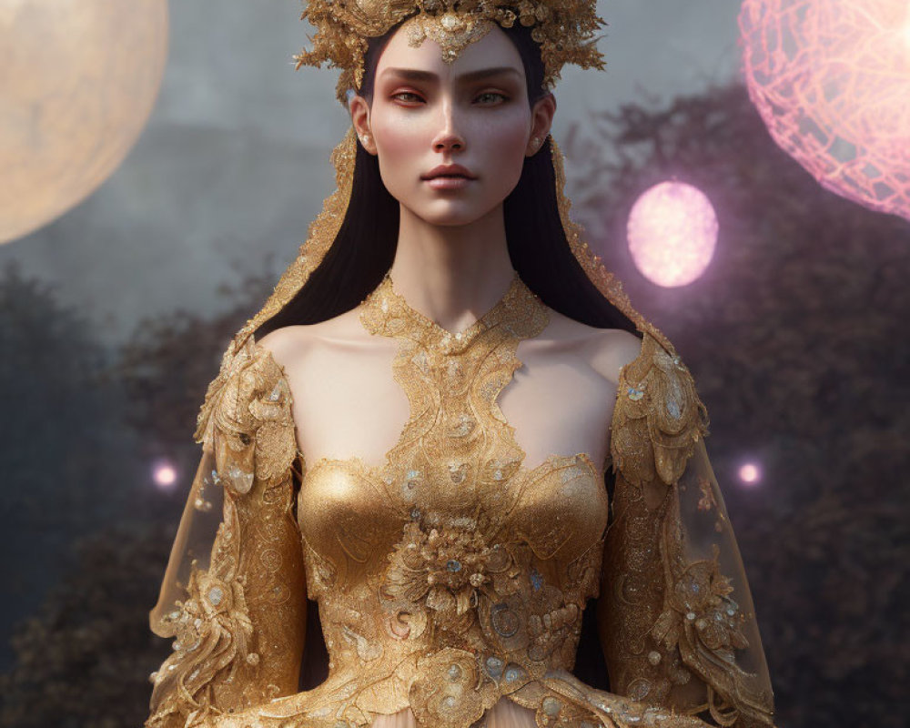 Regal woman with gold crown and ornate gown in mystical setting