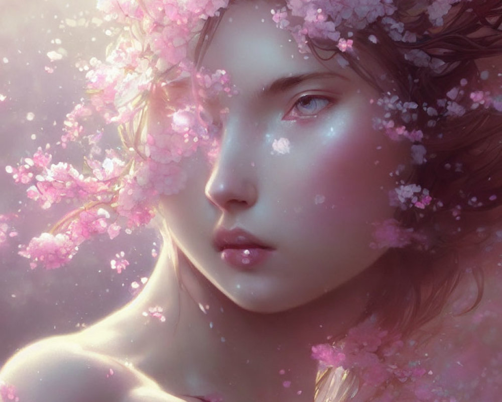 Person with Pink Blossoms in Hair and Shoulders for Serene Portrait