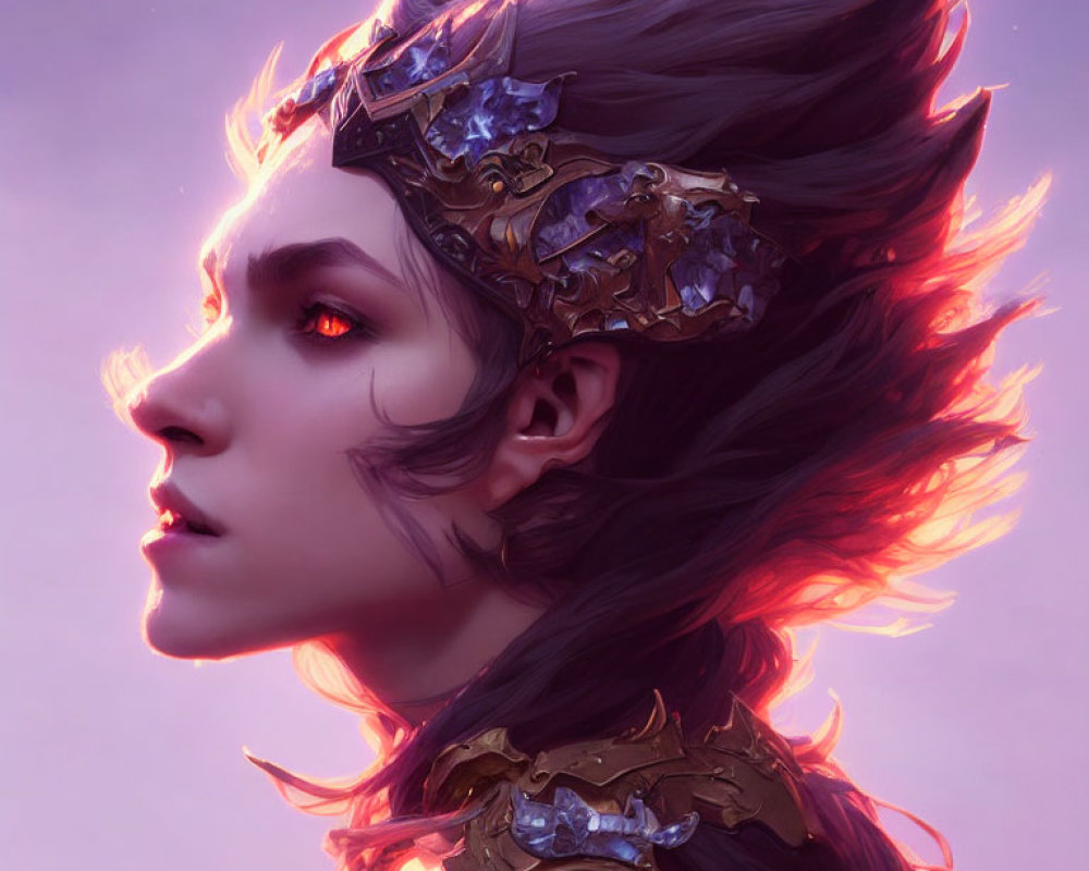 Fantasy portrait: Pointed ears, red eyes, fiery hair, detailed metallic headpiece.