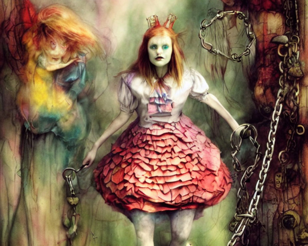 Surreal artwork featuring girl with red crown, unique makeup, shell dress, ghostly figures,