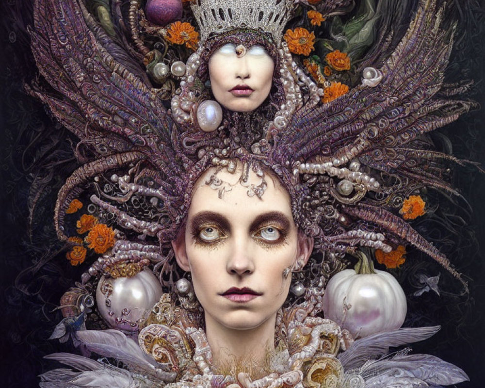 Detailed artwork of woman with ornate headgear and queen-like figure