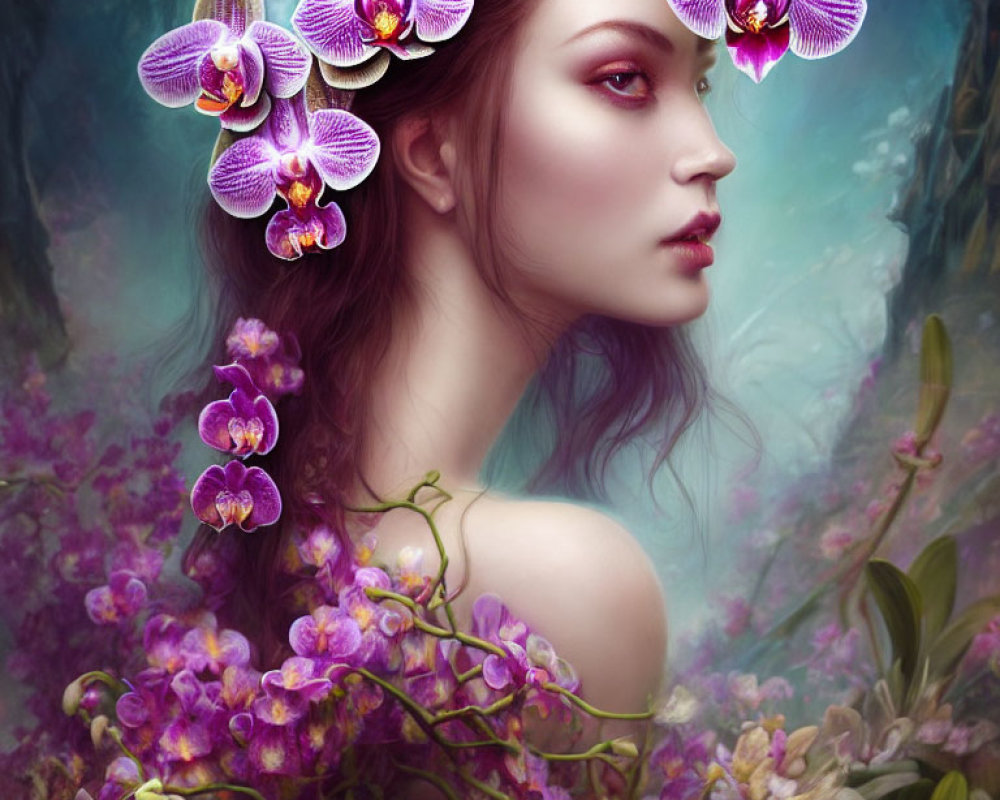 Surreal portrait of woman with purple orchids in hair against vibrant floral background