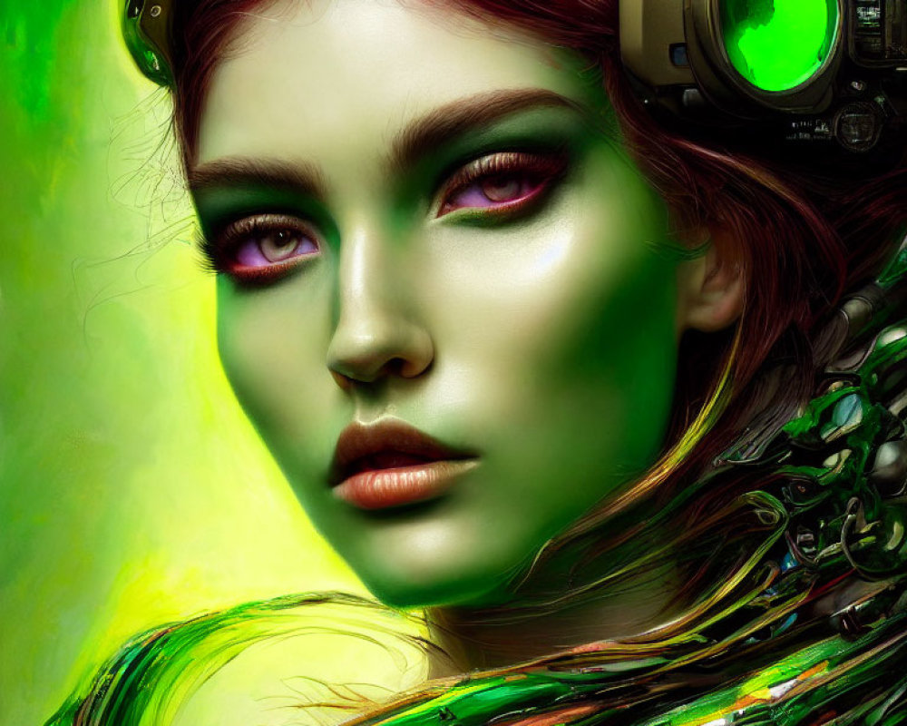 Woman portrait with cybernetic elements and green hues, futuristic headphones.