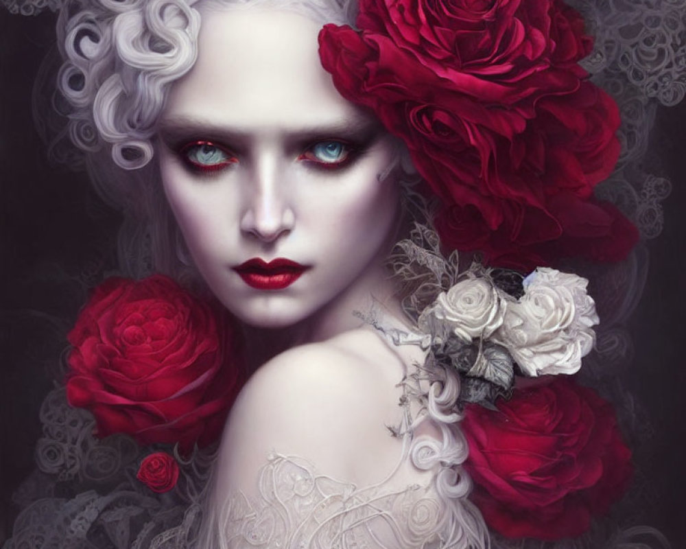 Pale woman with red eyes among red and white roses and intricate white hair