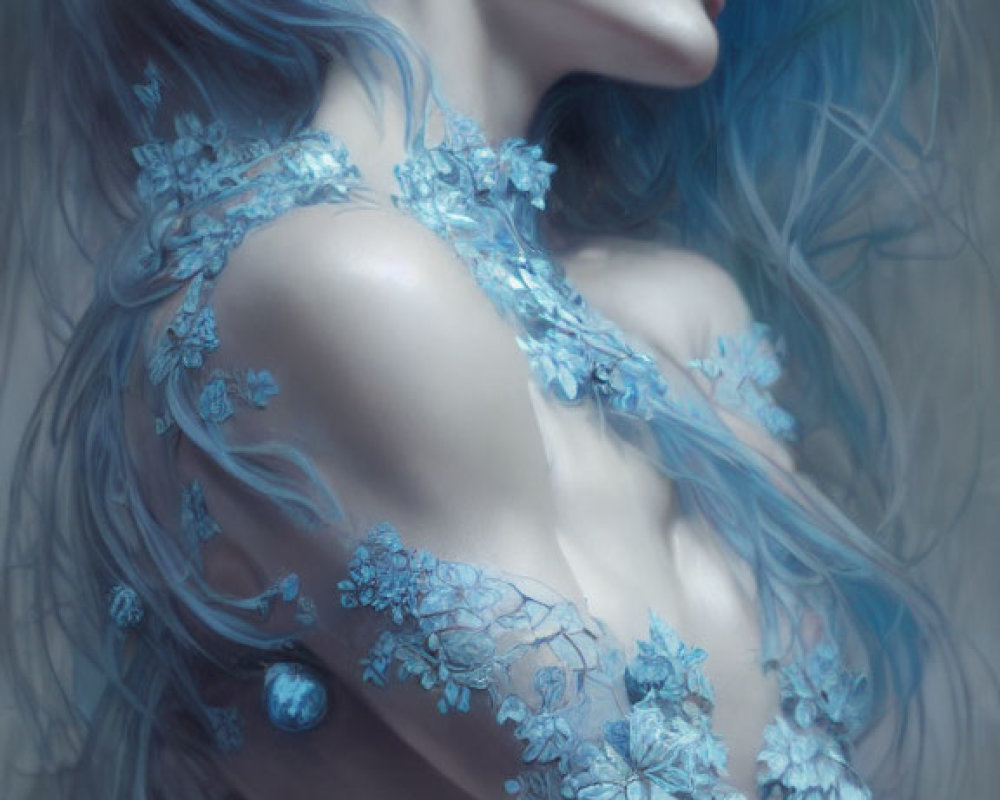 Pale blue hair and floral adornments on ethereal figure.