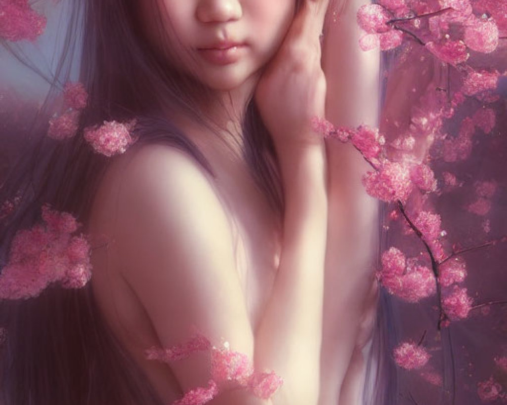 Long-haired woman surrounded by pink cherry blossoms, gazing gently.