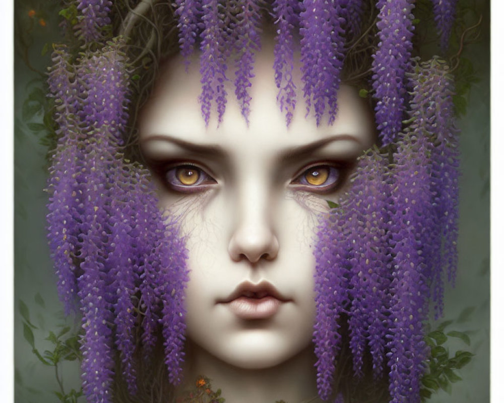 Mystical female face with yellow eyes in wisteria flower setting