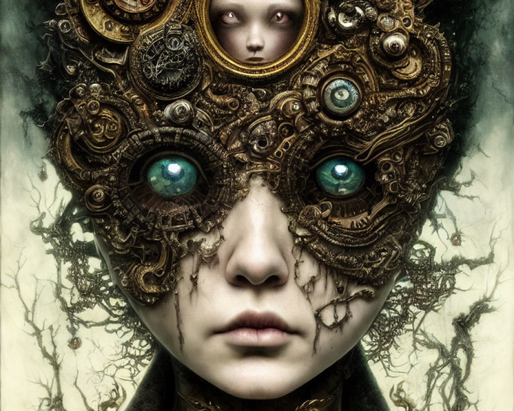 Surreal portrait of person with steampunk headpiece and green eyes