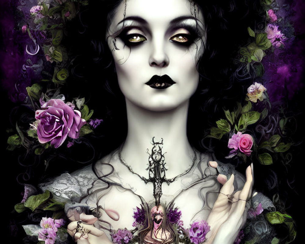 Pale-skinned woman with dark makeup holding a rose crown and nature-inspired chandelier.