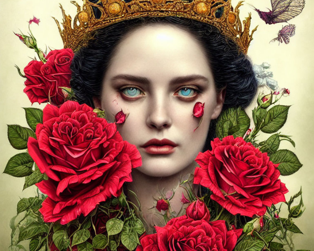 Surreal portrait of woman with crown, red roses, and butterflies