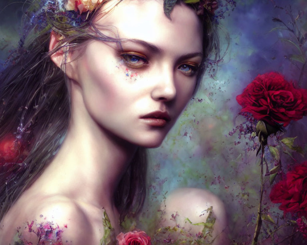 Woman with floral adornments and piercing gaze in mystical, colorful setting.