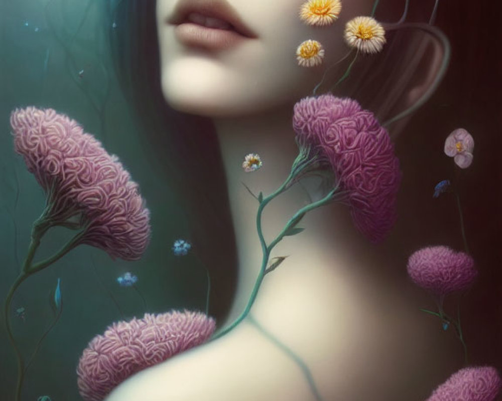 Surreal artwork: Woman with flowers and brain-shaped plants submerged in water