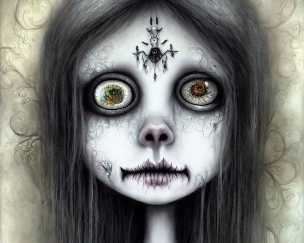 Pale wide-eyed girl with dark, sunken eyes and ornate patterns - haunting surreal illustration