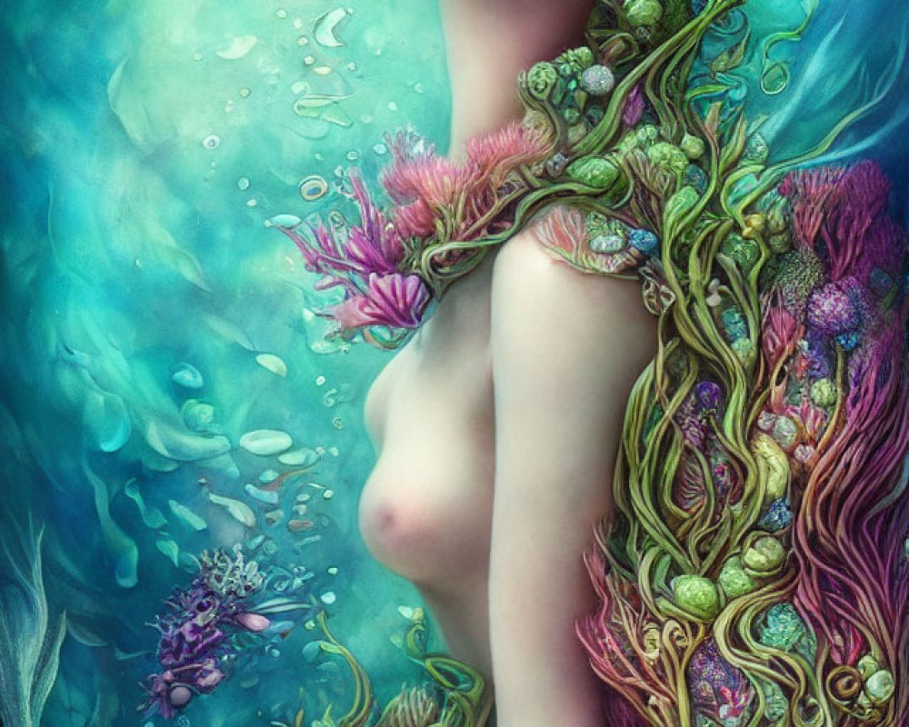 Illustration of a female figure merging with underwater dreamscape in blue and pink hues