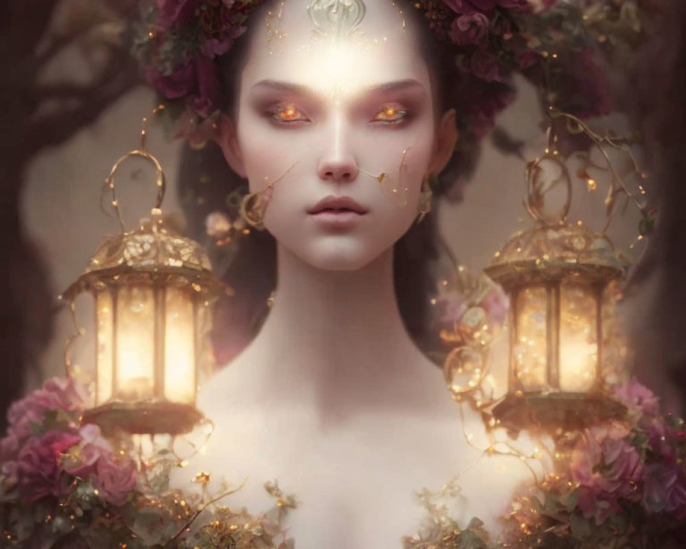 Mystical female figure with amber eyes, crown of flowers, lanterns, and floral backdrop